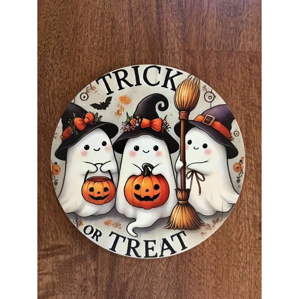 Cute Ghost Trick Or Treat Halloween Round Wooden Sign 8" – Spooky Season Door &